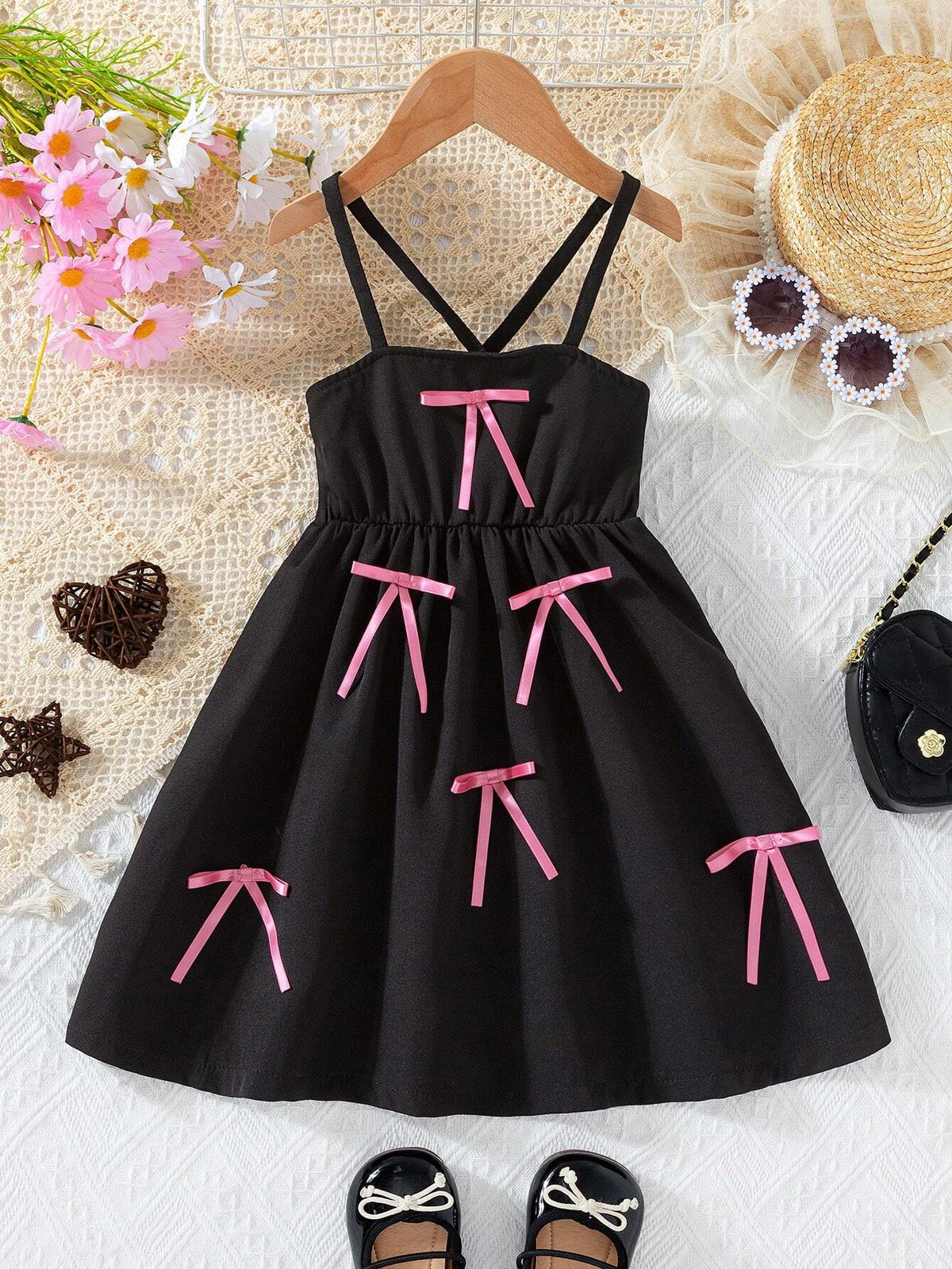 Little Girls' Casual Summer Dress With Bowknot And Spaghetti Straps