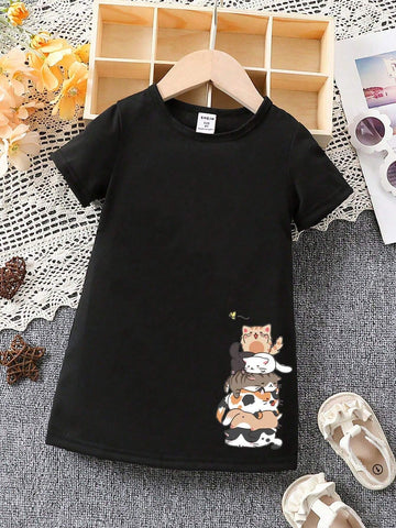 Little Girls' Cat Printed Casual Summer Short Sleeve Dress With Round Neckline