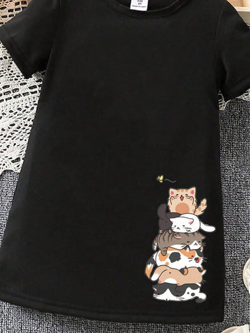 Little Girls' Cat Printed Casual Summer Short Sleeve Dress With Round Neckline