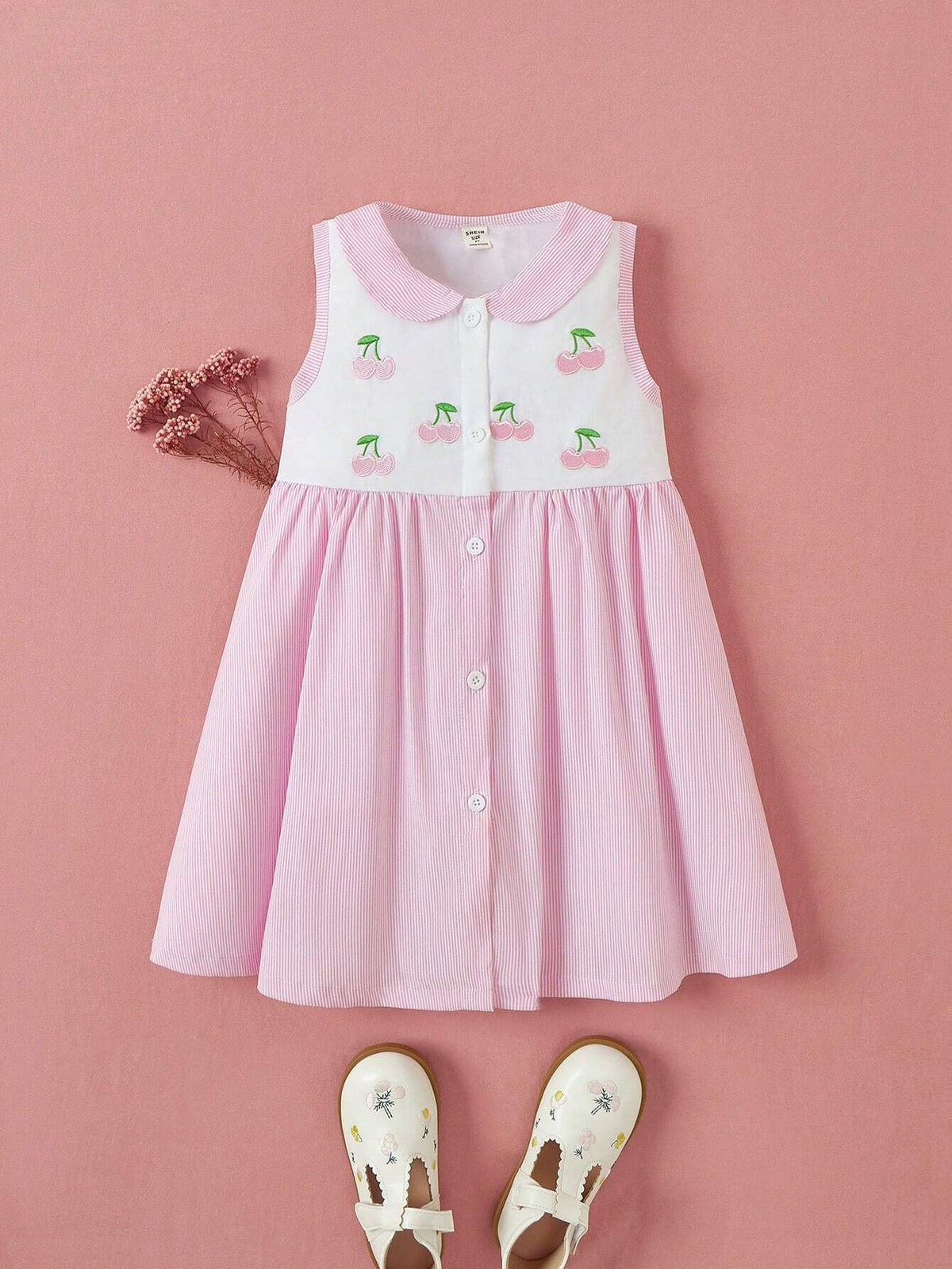 Little Girls' Cherry Striped Sleeveless Dress With Single-Breasted Button