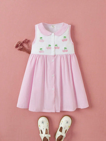 Little Girls' Cherry Striped Sleeveless Dress With Single-Breasted Button