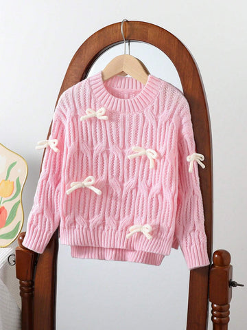 Little Girls Christmas Red Sweater, Adorable 3D Bow Decor Chunky Knit Top, Fashionable Casual Round Neck Long Sleeve Knit Blouse