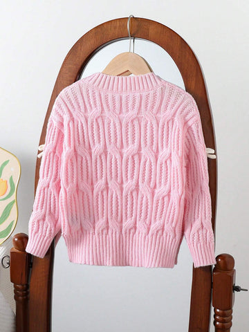 Little Girls Christmas Red Sweater, Adorable 3D Bow Decor Chunky Knit Top, Fashionable Casual Round Neck Long Sleeve Knit Blouse