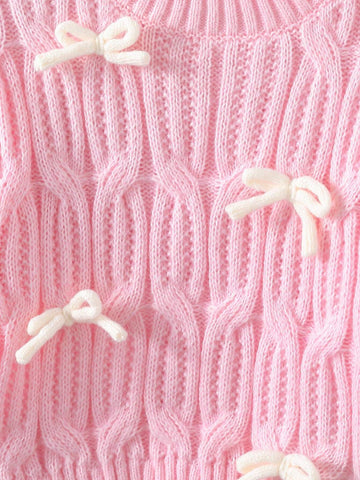 Little Girls Christmas Red Sweater, Adorable 3D Bow Decor Chunky Knit Top, Fashionable Casual Round Neck Long Sleeve Knit Blouse