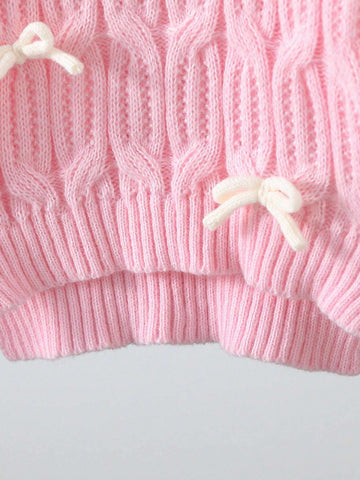 Little Girls Christmas Red Sweater, Adorable 3D Bow Decor Chunky Knit Top, Fashionable Casual Round Neck Long Sleeve Knit Blouse