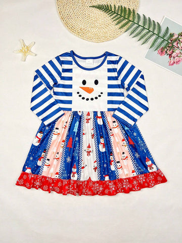 Little Girls Christmas Snowman Cartoon Printed Long Sleeve Casual Dress