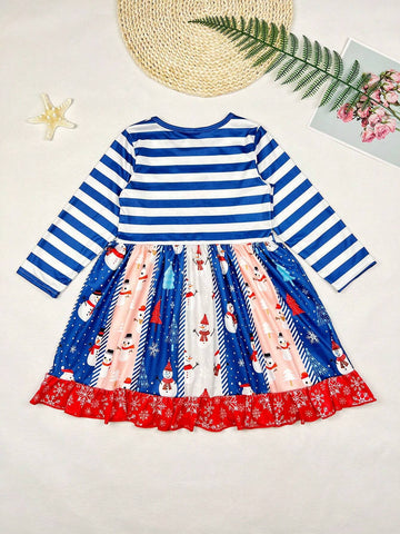 Little Girls Christmas Snowman Cartoon Printed Long Sleeve Casual Dress
