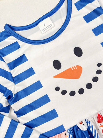 Little Girls Christmas Snowman Cartoon Printed Long Sleeve Casual Dress