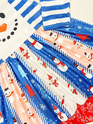 Little Girls Christmas Snowman Cartoon Printed Long Sleeve Casual Dress