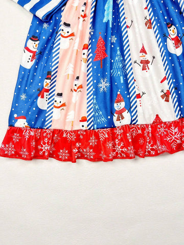 Little Girls Christmas Snowman Cartoon Printed Long Sleeve Casual Dress