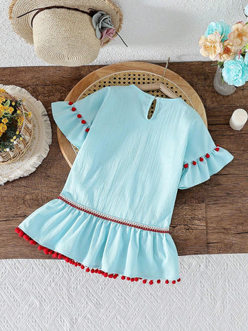 Little Girls' Colorful Dopamine V-Neck Loose Mid-Length A-Line Dress For Summer Holiday