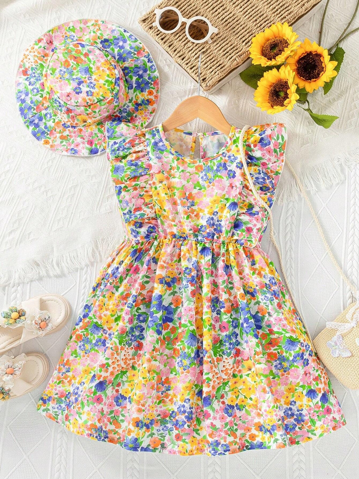 Little Girls' Colorful Floral Beach Holiday Dress