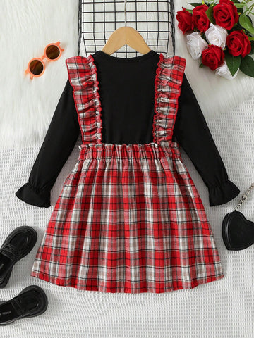 Little Girls Comfortable & Soft Long Sleeve Dress With Elegant Round Neck, English Letter And Heart Print, Suitable For Formal Occasions