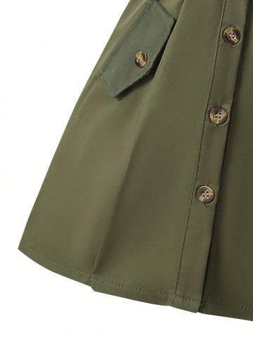Little Girls' Cool Child-Like Style Woven Halterneck Dress With Belted Waist And Buttoned Front, Spring/Summer