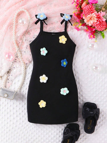 Little Girls' Cute 3D Knitted Flower Decorated Strappy Dress For Summer