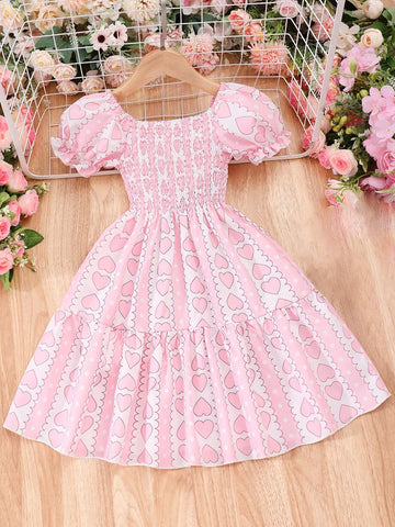 Little Girls' Cute Heart Print A-Line Casual Dress, Summer