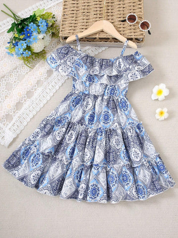 Little Girls' Ditsy Floral Casual Dress With Off Shoulder Strap For Summer