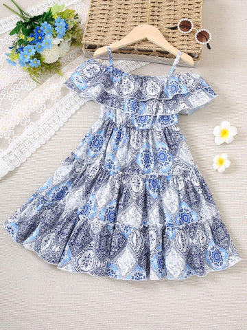 Little Girls' Ditsy Floral Casual Dress With Off Shoulder Strap For Summer