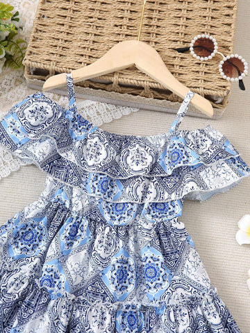 Little Girls' Ditsy Floral Casual Dress With Off Shoulder Strap For Summer
