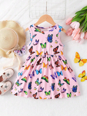 Little Girls' Elegant, Fashionable, And Cute Colorful Butterfly Print Sleeveless Round Neck Dress, Summer