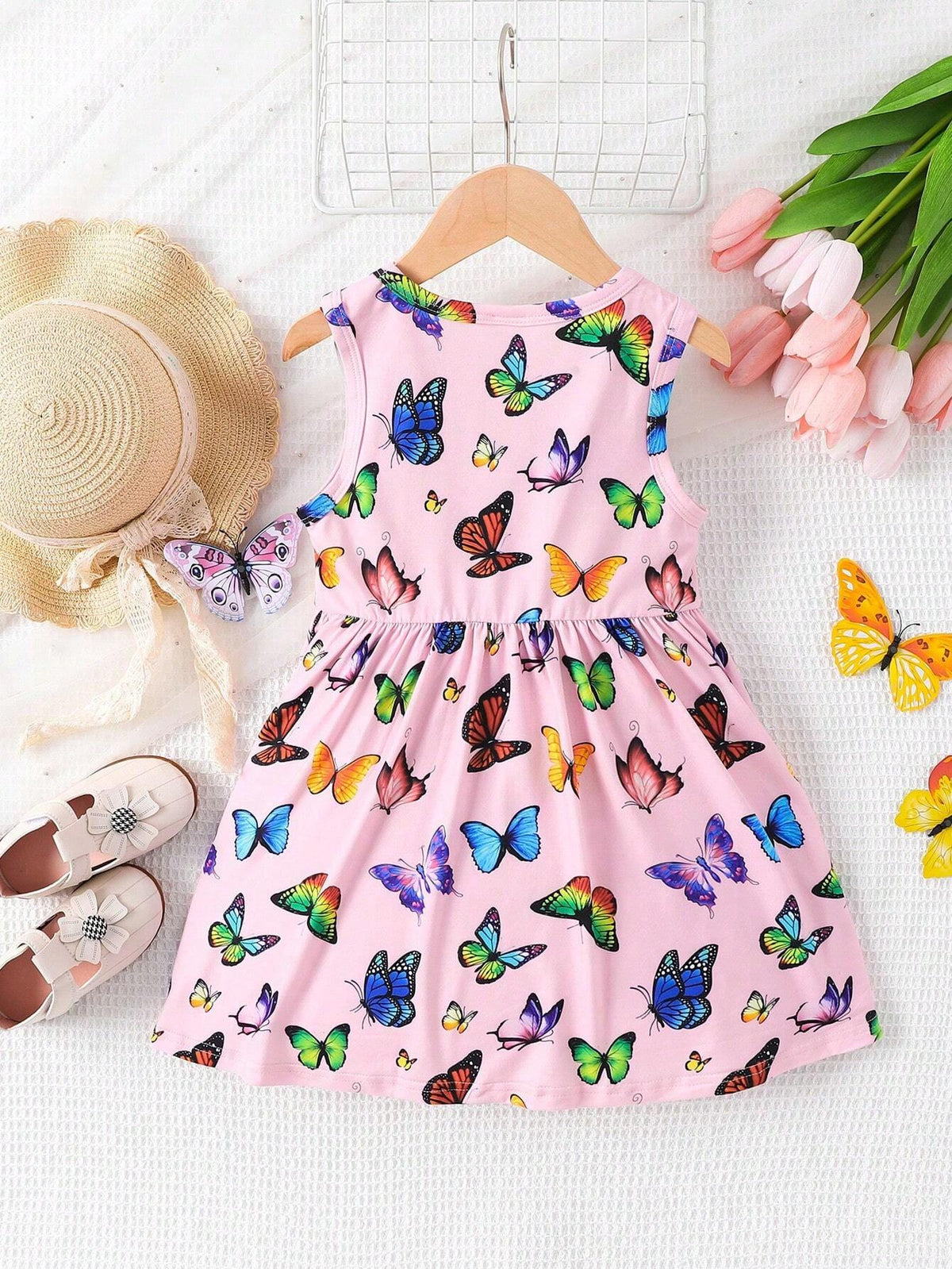 Little Girls' Elegant, Fashionable, And Cute Colorful Butterfly Print Sleeveless Round Neck Dress, Summer