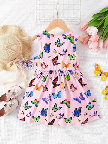 Little Girls' Elegant, Fashionable, And Cute Colorful Butterfly Print Sleeveless Round Neck Dress, Summer