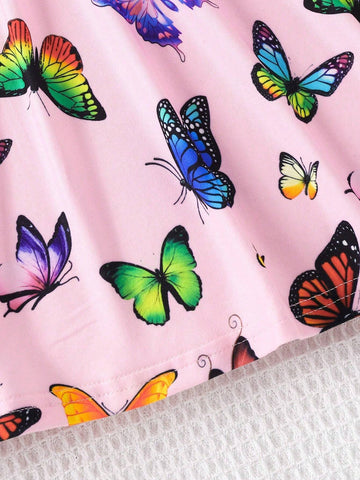 Little Girls' Elegant, Fashionable, And Cute Colorful Butterfly Print Sleeveless Round Neck Dress, Summer
