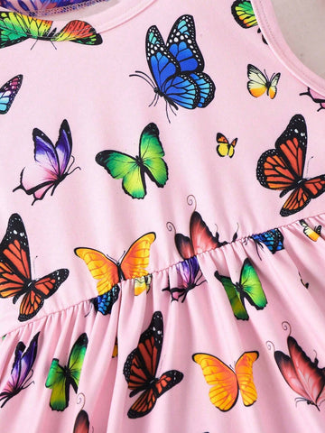 Little Girls' Elegant, Fashionable, And Cute Colorful Butterfly Print Sleeveless Round Neck Dress, Summer