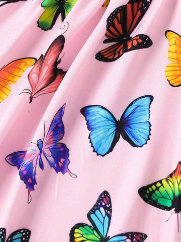 Little Girls' Elegant, Fashionable, And Cute Colorful Butterfly Print Sleeveless Round Neck Dress, Summer