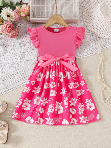 Little Girls Elegant Floral Print Solid Color Ribbed Design Ruffled Hem Round Neck Dress + Ribbon