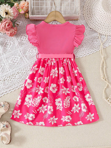 Little Girls Elegant Floral Print Solid Color Ribbed Design Ruffled Hem Round Neck Dress + Ribbon