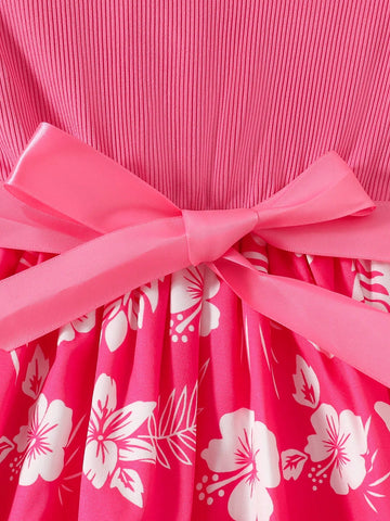 Little Girls Elegant Floral Print Solid Color Ribbed Design Ruffled Hem Round Neck Dress + Ribbon
