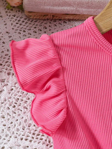 Little Girls Elegant Floral Print Solid Color Ribbed Design Ruffled Hem Round Neck Dress + Ribbon