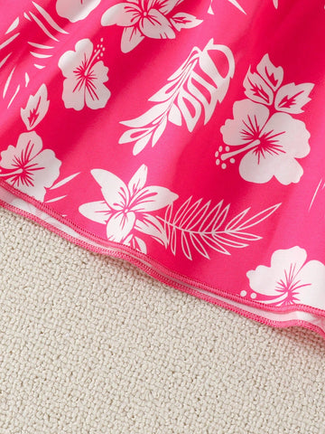 Little Girls Elegant Floral Print Solid Color Ribbed Design Ruffled Hem Round Neck Dress + Ribbon