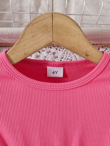 Little Girls Elegant Floral Print Solid Color Ribbed Design Ruffled Hem Round Neck Dress + Ribbon