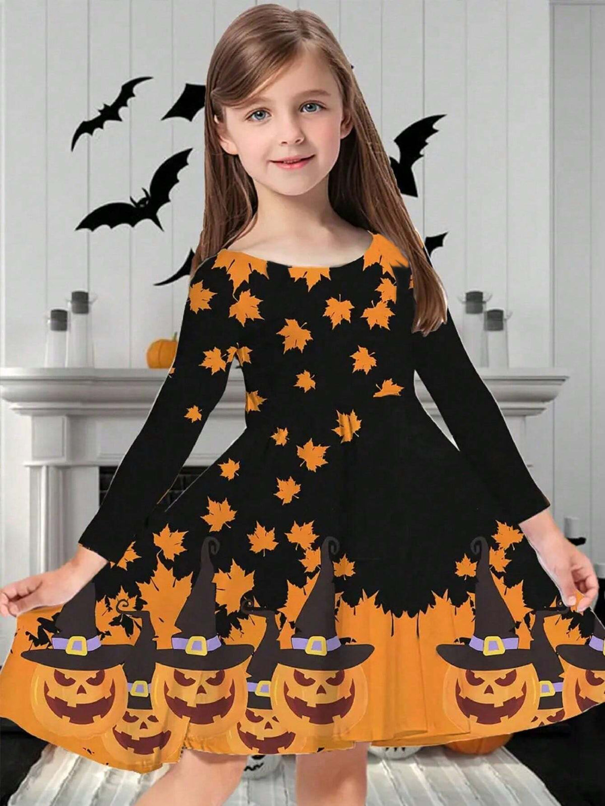 Little Girls Elegant Long Sleeve Dress With Maple Leaf & Pumpkin Patterns, Suitable For Halloween Holiday