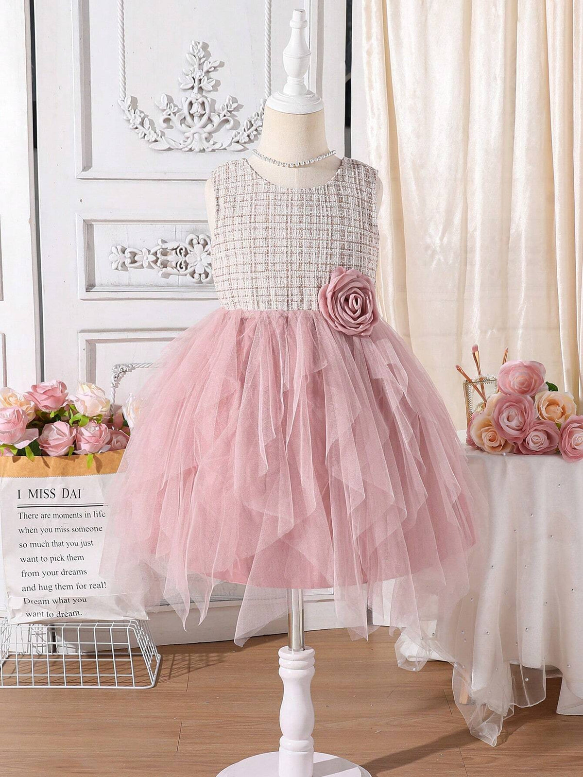 Little Girls' Elegant Pink Mesh Dress With Fabric Patchwork On Top, Custom-Made