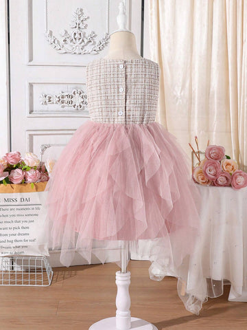 Little Girls' Elegant Pink Mesh Dress With Fabric Patchwork On Top, Custom-Made