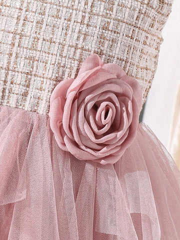 Little Girls' Elegant Pink Mesh Dress With Fabric Patchwork On Top, Custom-Made