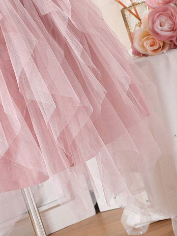 Little Girls' Elegant Pink Mesh Dress With Fabric Patchwork On Top, Custom-Made