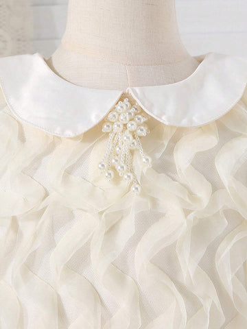 Little Girls' Elegant & Pearl Pendant Sleeveless Mesh Peter Pan Collar A-Line Dress, Perfect For Parties And Vacation, Spring/Summer Collection
