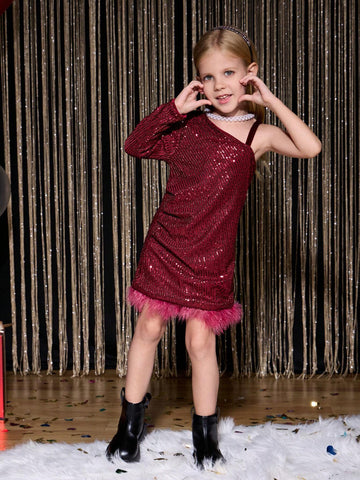 Little Girls Fashion Party Dress Sequin Glitter Tulle Princess Dress For Young Girl Winter Red Plush Shiny Dress