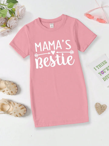 Little Girls" Fashionable Casual Short-Sleeved T-Shirt Dress With Heart-Shaped Letters Slogan Printed Pattern