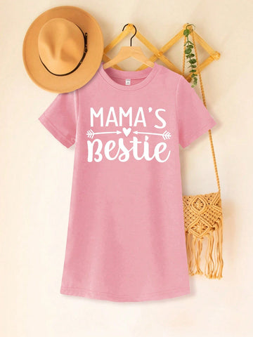 Little Girls" Fashionable Casual Short-Sleeved T-Shirt Dress With Heart-Shaped Letters Slogan Printed Pattern