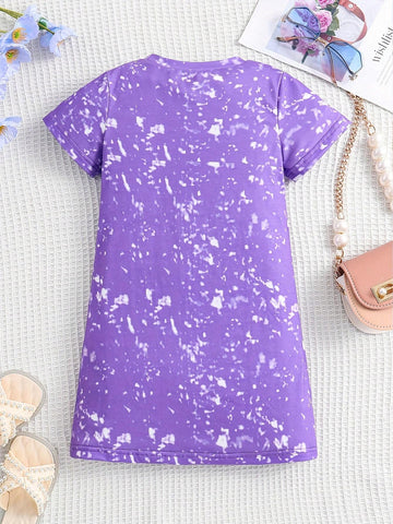 Little Girl's Fashionable Cute Bowknot Double Buns Hairstyle Cartoon Print Short Sleeve T-Shirt Dress With Characters