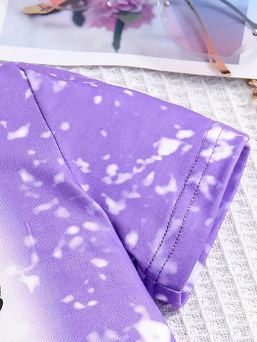 Little Girl's Fashionable Cute Bowknot Double Buns Hairstyle Cartoon Print Short Sleeve T-Shirt Dress With Characters