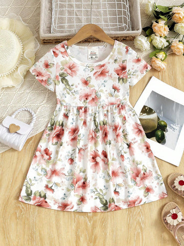 Little Girls' Floral Print Holiday Casual Round Neck Short Sleeve Cute Dress, Summer