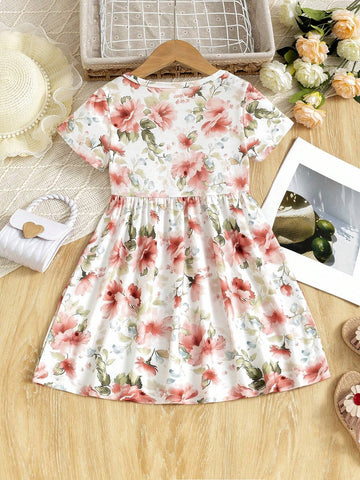 Little Girls' Floral Print Holiday Casual Round Neck Short Sleeve Cute Dress, Summer