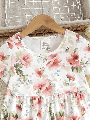 Little Girls' Floral Print Holiday Casual Round Neck Short Sleeve Cute Dress, Summer