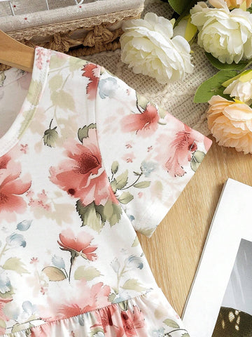 Little Girls' Floral Print Holiday Casual Round Neck Short Sleeve Cute Dress, Summer